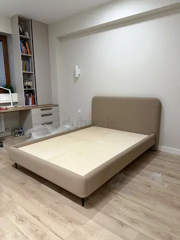Beige Upholstered Double Bed Frame with Headboard