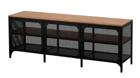 Industrial metal TV cabinet with wooden top - 3-door storage unit