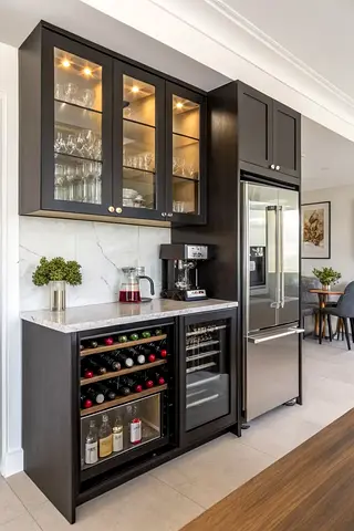 Dark Wood Kitchen Cabinet with Glass Doors, Wine Rack and Fridge Space