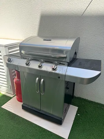 Price is with gas cylinder. Stainless Steel 4-Burner Gas BBQ Grill with Side Shelf and Cabinet