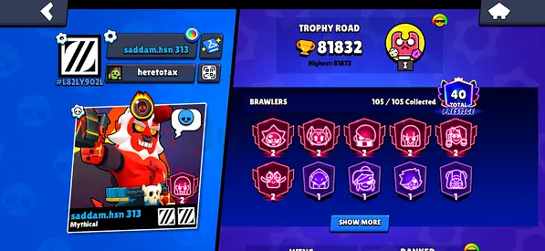 Brawl Stars account - 105/105 brawlers, 81.8k trophies, level 40