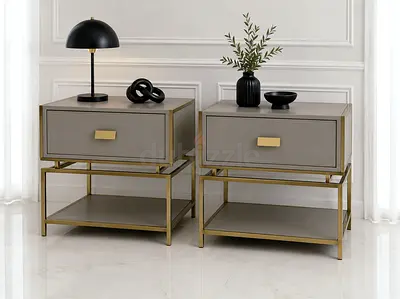 Indigo living Pair of modern bedside tables with brass frame and grey finish