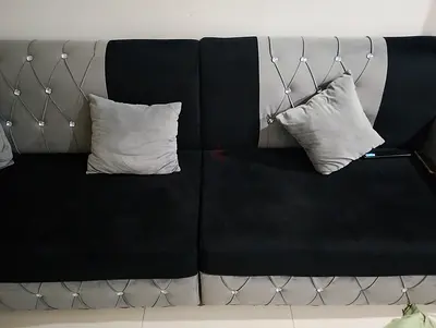 Black & Grey Velvet 3-Seater Sofa with Cushions and table - Good Condition