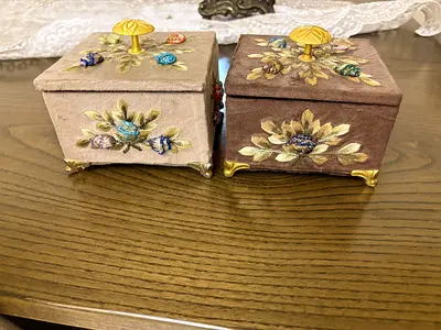 Pair of Vintage Embroidered Velvet Jewelry Boxes with Brass Feet