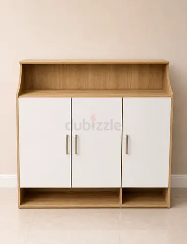 Light oak and white 3-door storage cabinet with open shelves
