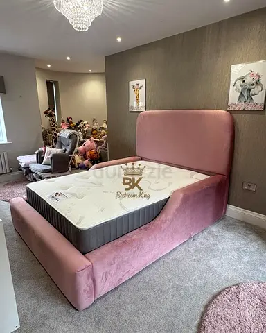 Pink Velvet Upholstered Double Bed with Storage Frame