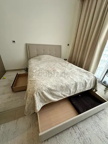 Queen bed frame with upholstered headboard - light grey and huge storage with Mattress