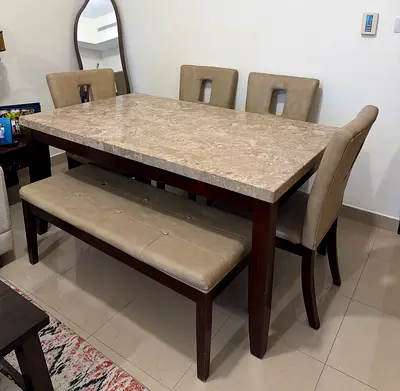 6-Piece Dining Set with Marble Top Table and Bench - Excellen Condition