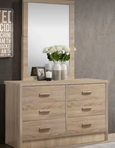 6-Drawer Wooden Dresser with Mirror - Light Oak Finish