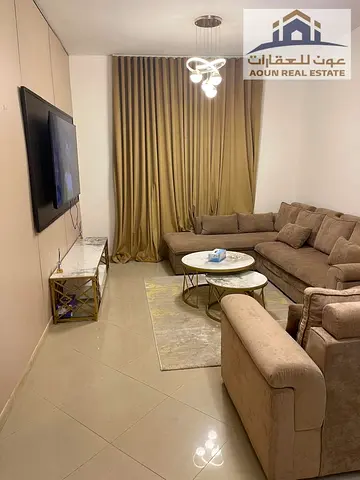 One bedroom and living room in Al Qasba, with a swimming pool, furnished, super price 45 (currency unspecified), payable in 6 installments, no deposit