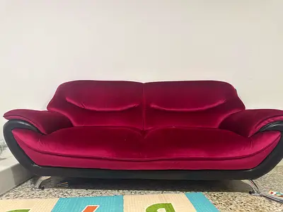 Red Velvet 3-Seater Sofa with Black Trim - Good Condition