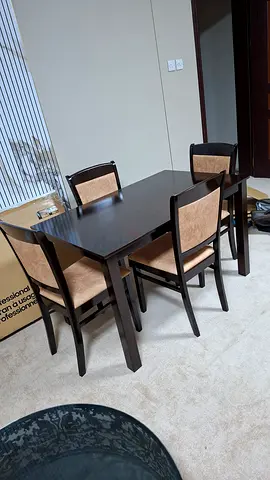 Solid Wood Dining Table with 4 Upholstered Chairs - Dark Finish