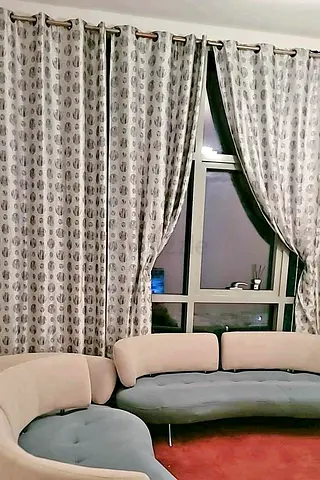 Set of Grey Patterned Eyelet Curtains - Good Condition
