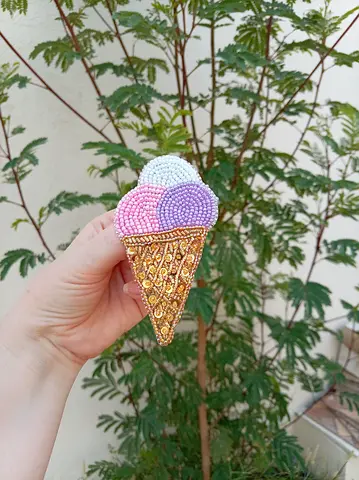 Hand-beaded Ice Cream Cone Brooch — Pastel Beads, Gold-tone Cone