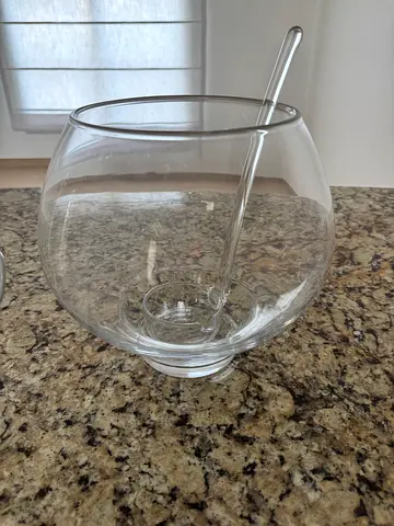 Clear Glass Decorative Punch Bowl with Stirring Rod - Good Condition