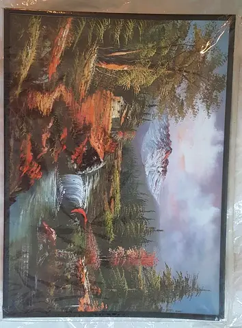 Framed Landscape Painting with Mountain, Waterfall and Pine Trees