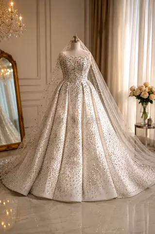 Ivory A-line Embellished Wedding Gown with Long Veil