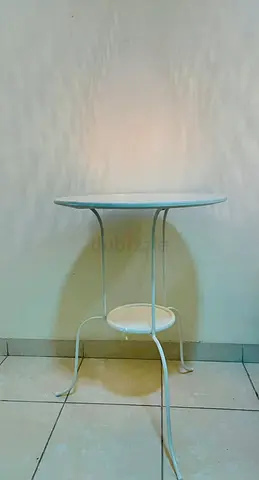 Two White Metal Round Side Tables with Lower Shelf