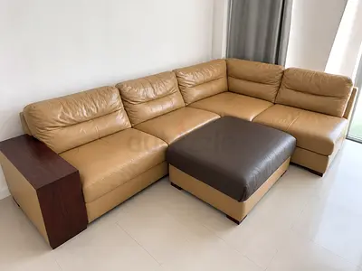 L shaped Genuine Leather Sofa with Ottoman Beige, Good Condition