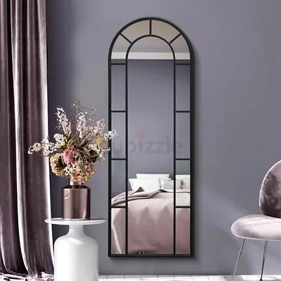 Tall Arched Full-Length Wall Mirror with Black Grid Frame