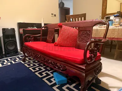 Solid Wood Oriental-Style Carved Bench / Sofa with Red Cushion