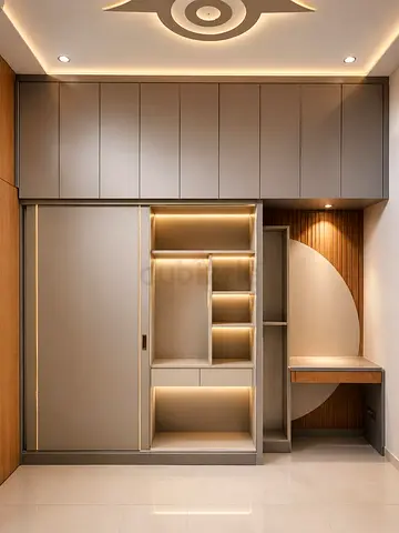 Built-in Modern Wardrobe with Overhead Storage and Integrated Desk