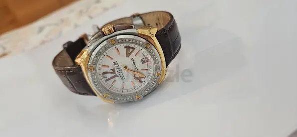 Woman's Diamond watch, Two-Tone Analog Wristwatch with Leather Strap