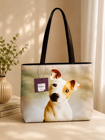 Canvas Tote Bag with Cute Dog Print — New