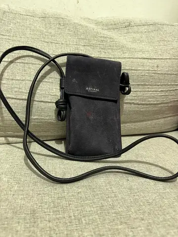 Aspinal of London Small black crossbody phone bag — genuine leather look, compact