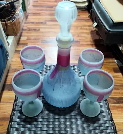 Vintage glass decanter with 4 matching goblets