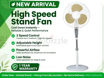 High Speed Adjustable Stand Fan - 3 Speed, Low Noise, 1 Year Warranty
