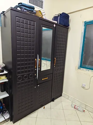 Dark Brown 3-Door Wardrobe with Mirror - Good Condition