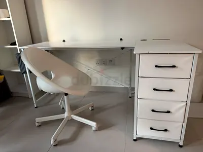 White writing desk with 4-drawer pedestal and swivel chair - good condition