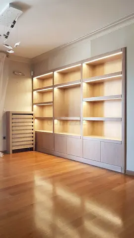 Custom Built-in Lighted Wall Bookcase / Shelving Unit - Neutral Oak Finish