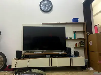 Modern TV Entertainment Center with Storage Shelves and Cabinets