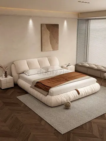 Modern Low-Profile Upholstered Double Bed with Side Tables (Beige)