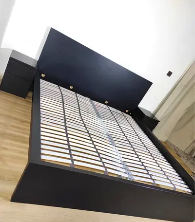 Queen-size wooden bed frame with slatted base and headboard - dark finish