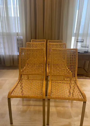 Set of 6 Woven Rattan-style Dining Chairs with Metal Legs - Good Condition