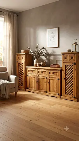 Solid Pine Sideboard with Matching Tall Cabinets - Rustic Storage Set