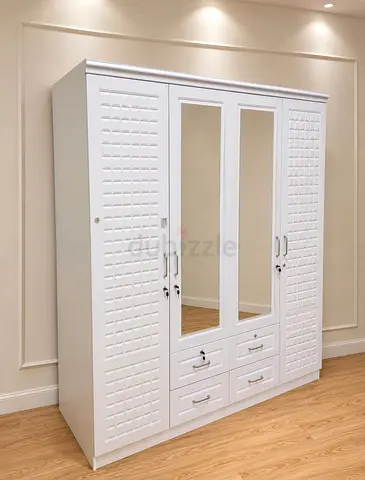 White 4-Door Wardrobe with Mirrors and Drawers - Good Condition