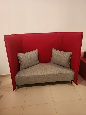 x2 Modern Red High-Back Two-Seater Sofa with Grey Cushions