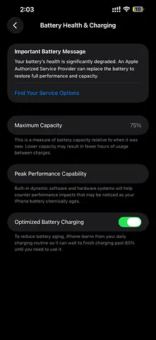 iPhone with 75% Battery Health green color