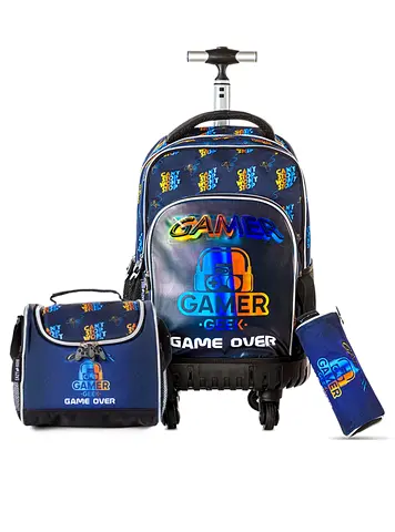 Eazy Kids 18Inch 4-Wheel Trolley School Set With Lunch Bag and Pencil case - Gamer Edition - EZ-S3TR