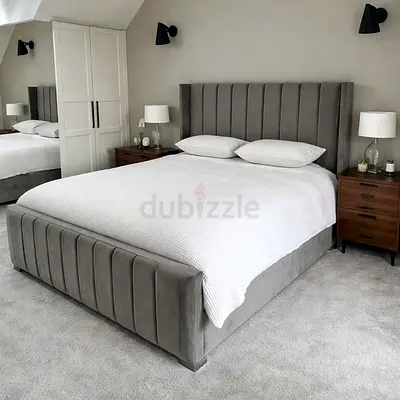 Grey upholstered king-size bed with padded headboard Direct Factory price