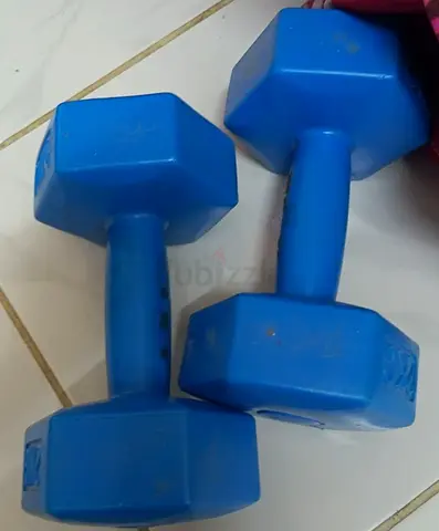 Pair of blue 2kg vinyl hex dumbbells - good used condition