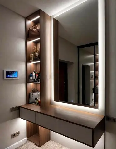 Wall-mounted vanity dresser with illuminated mirror and shelving