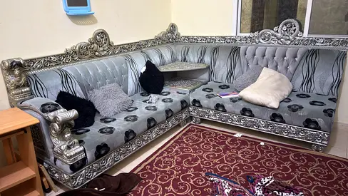Large ornate silver L-shaped sofa set - good condition