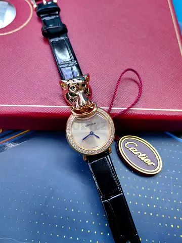 Cartier Panthère women's wrist Master Quality watch with black leather strap and stones bezel