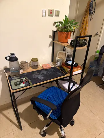 Metal frame study desk with shelves and chair - good condition