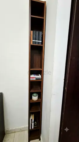 Tall narrow wooden bookshelf/shelving unit — slim space-saving